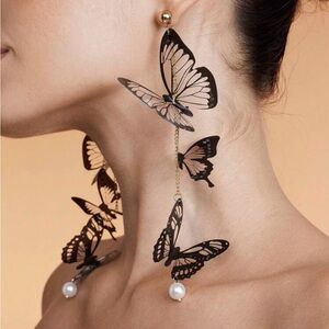 Elegant Black Butterfly Earrings with Pearl Accents
